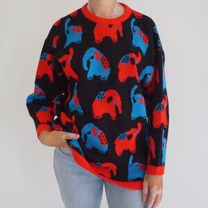Vintage Black Knit Elephant Animal Print Crewneck Sweater Red Blue M